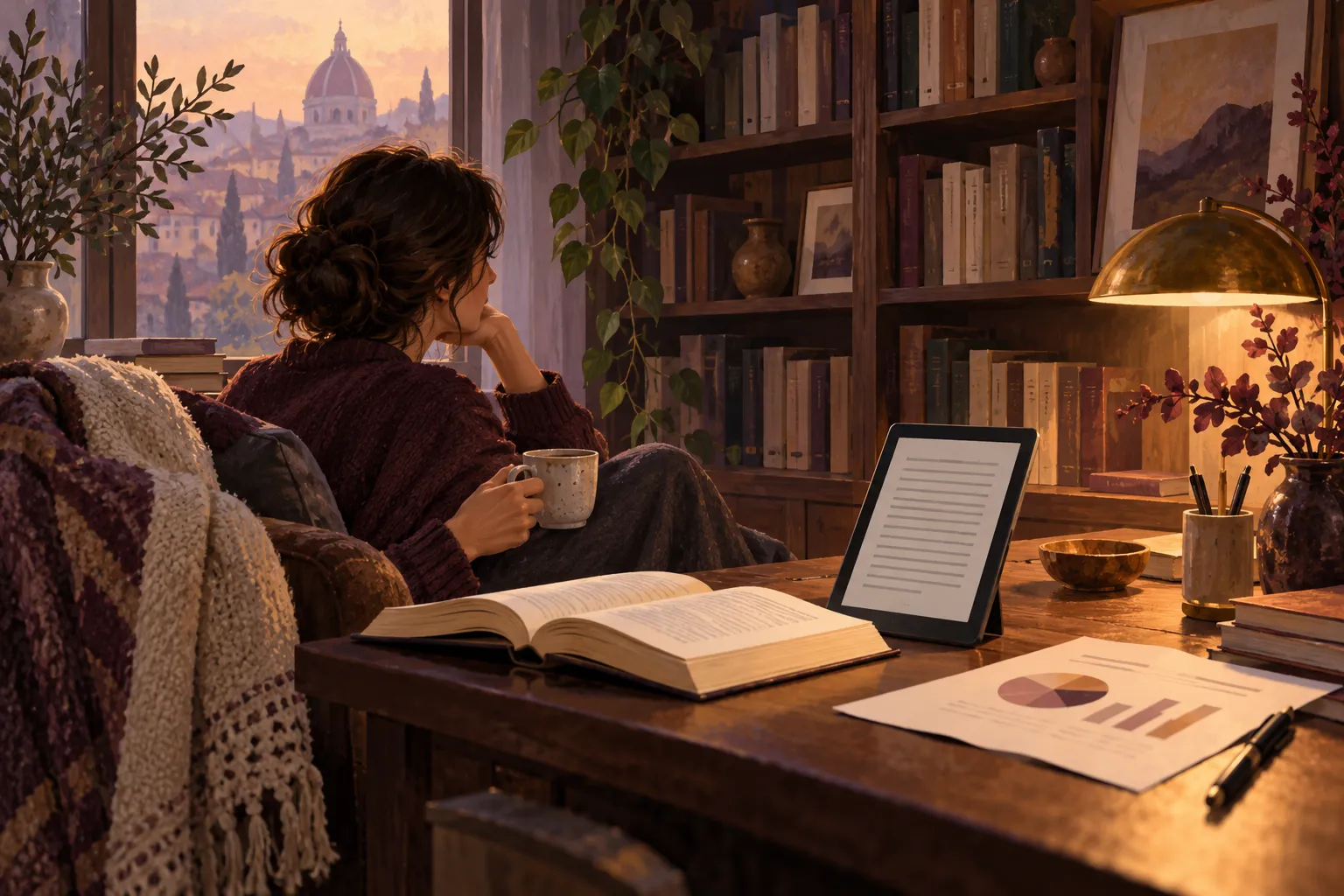 A reader in a quiet library with an open book, an e-reader and a page of charts on the table
