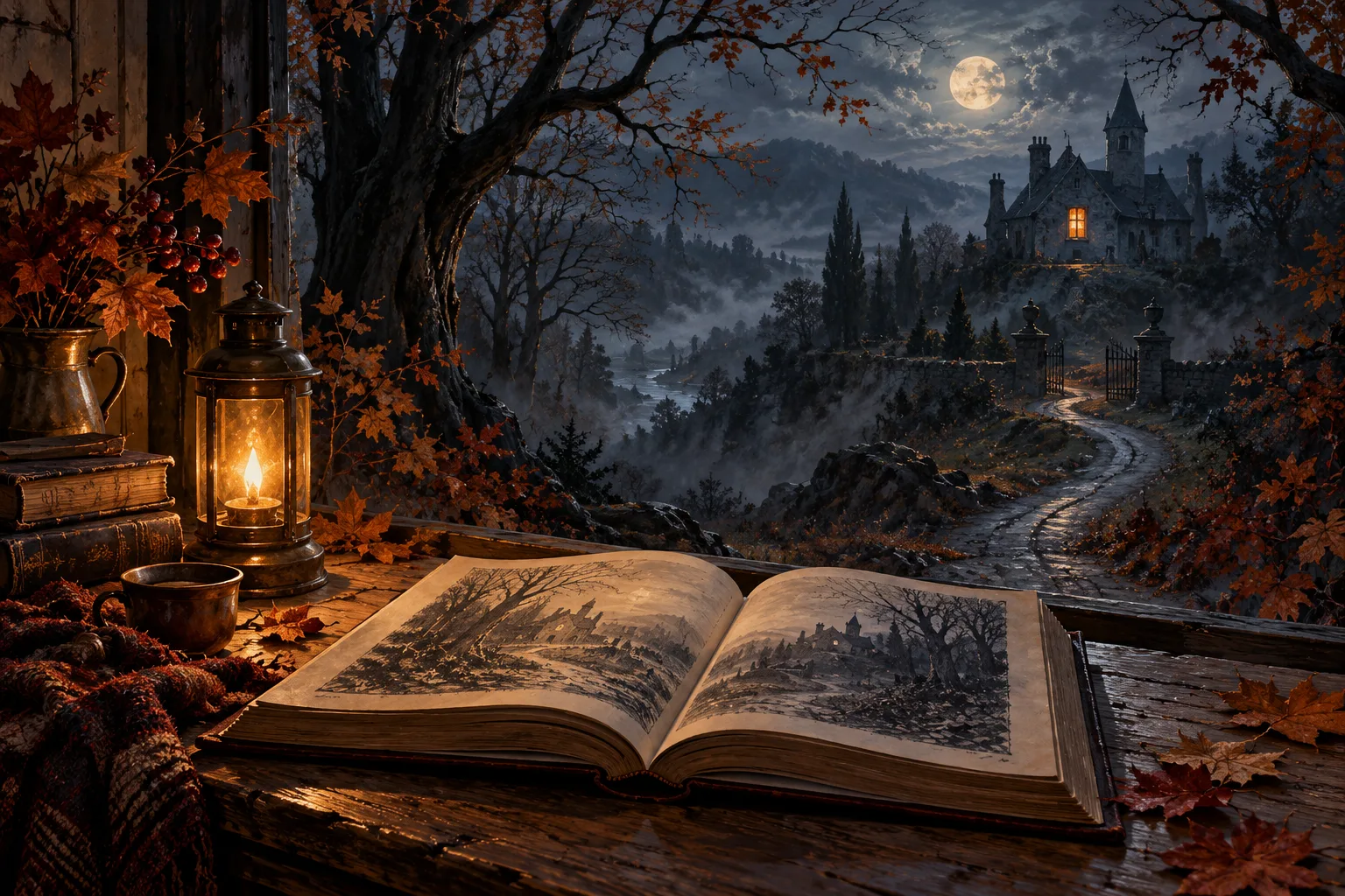 An open book by a lantern, with a winding path leading through mist to a distant house